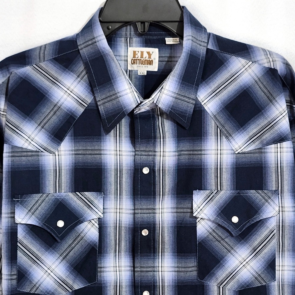 Ely Cattleman Long Sleeve Pearl Snap Shirt Mens XXL Blue Plaid Western Cowboy